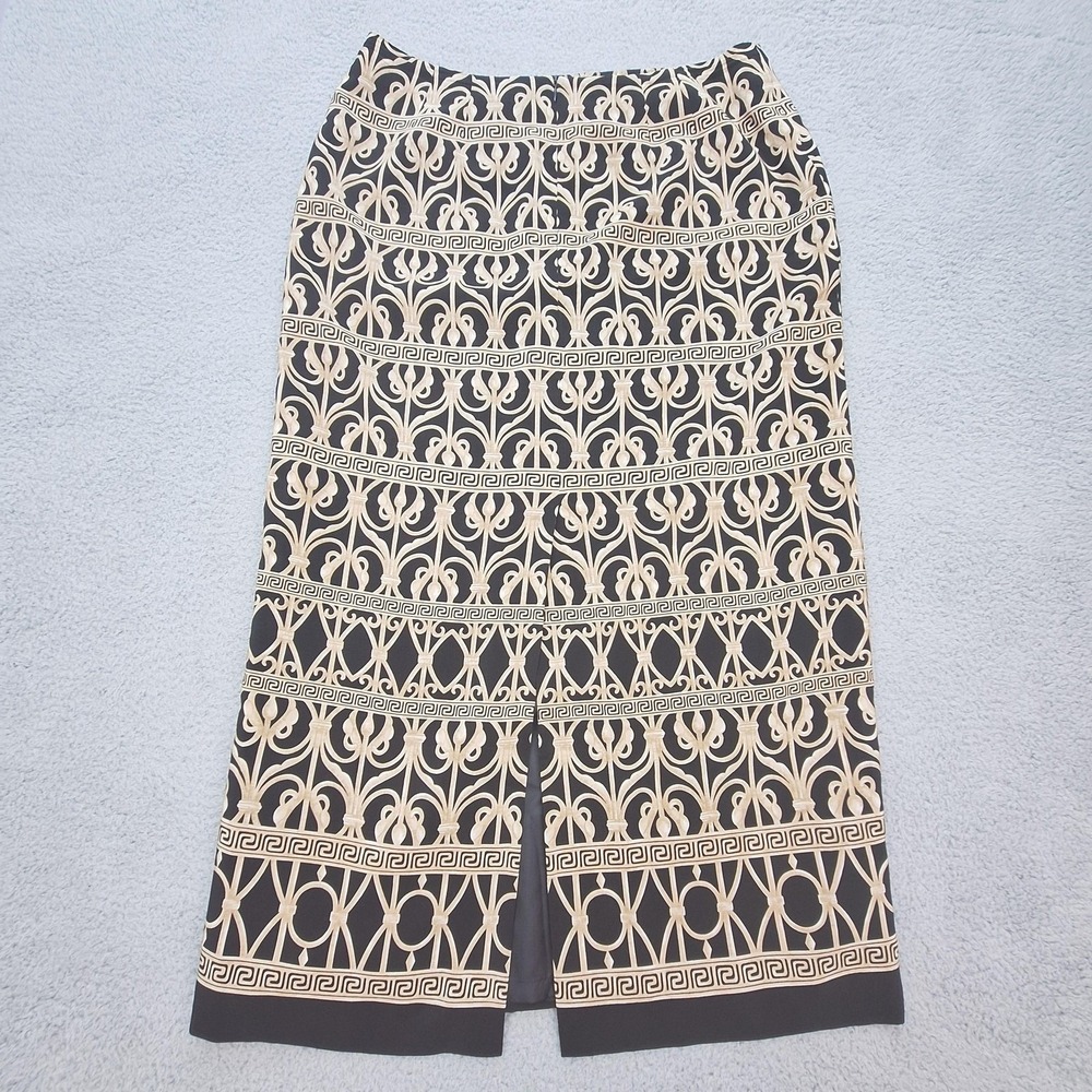 Talbots Skirt Womens 16 Black Tan Pure Silk Greek Key Geometric Midi Pencil - Picture 2 of 8
